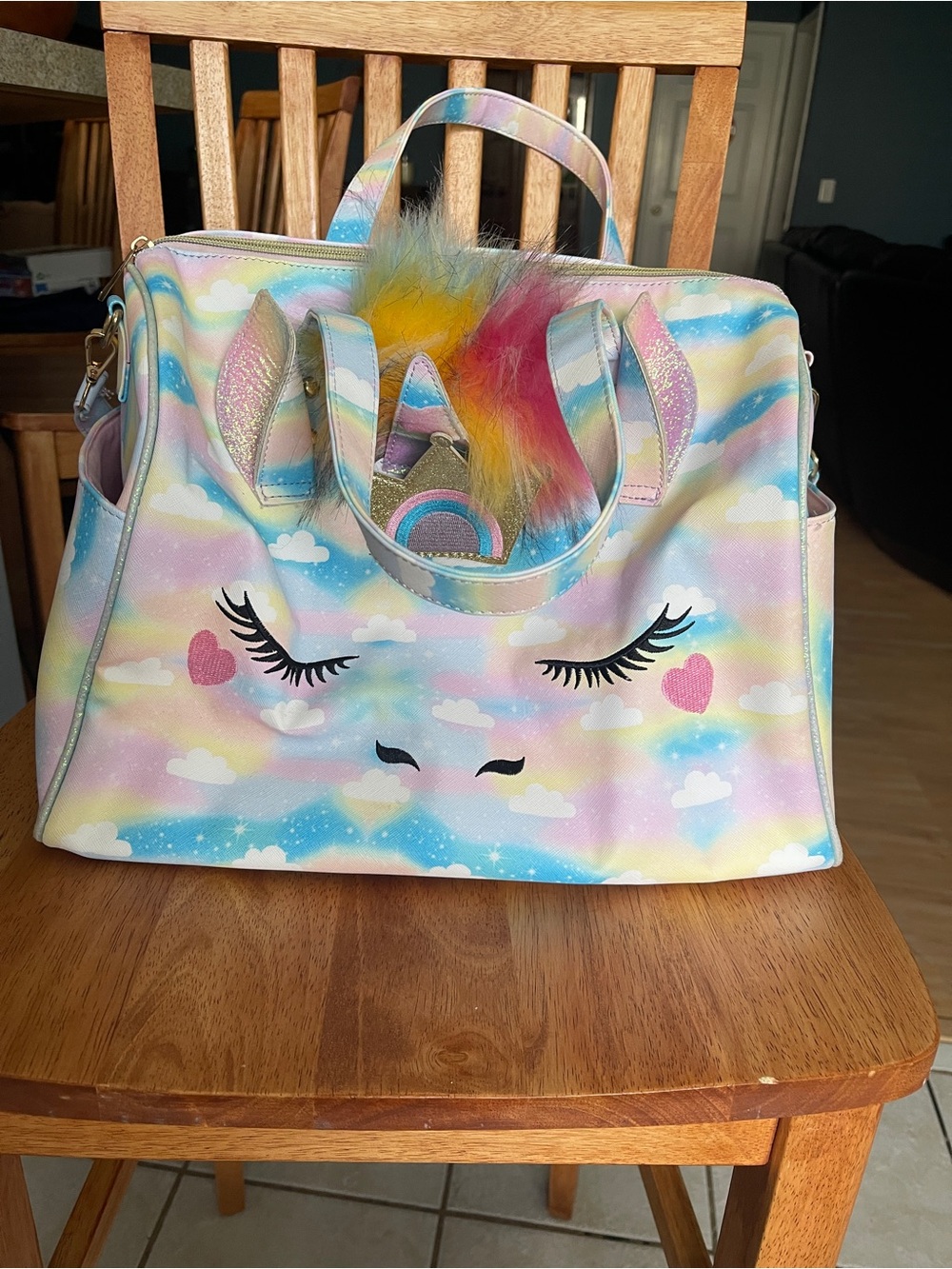 Under One Sky Pastel Unicorn Travel Bag with Rainbow Fur Pom